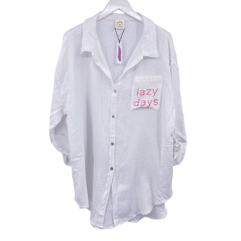 Golden Sun White Gauzy button front cover up shirt size M/LG NEW Cruise